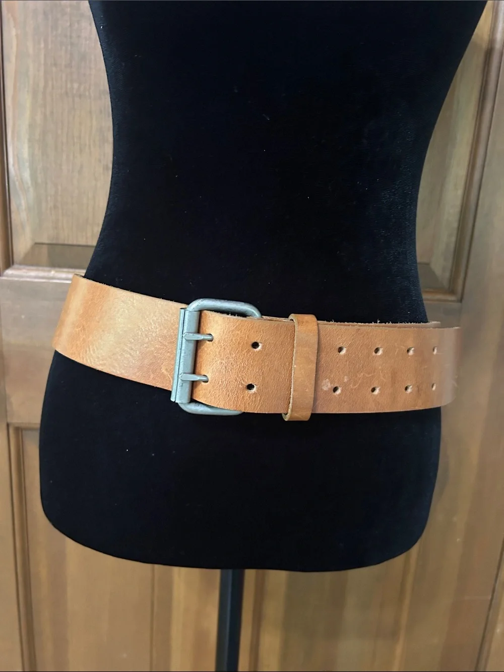 BEBE Leather Double Prong Belt Light Brown Size M/L 2” Wide